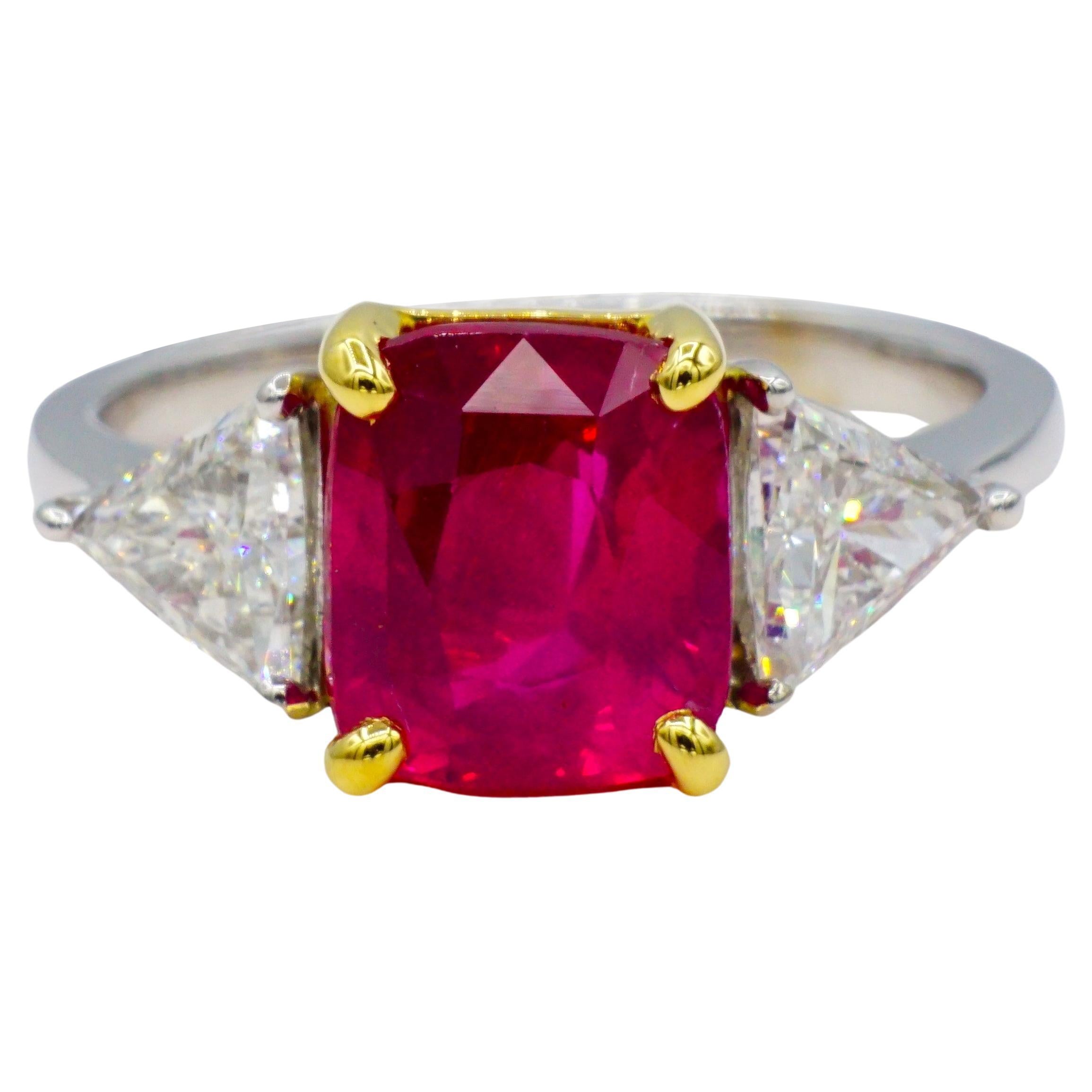 3.01ct Ruby Cushion Cut Natural Trilliant Diamond 18kt 2-Tone Ring, GIA Cert  For Sale