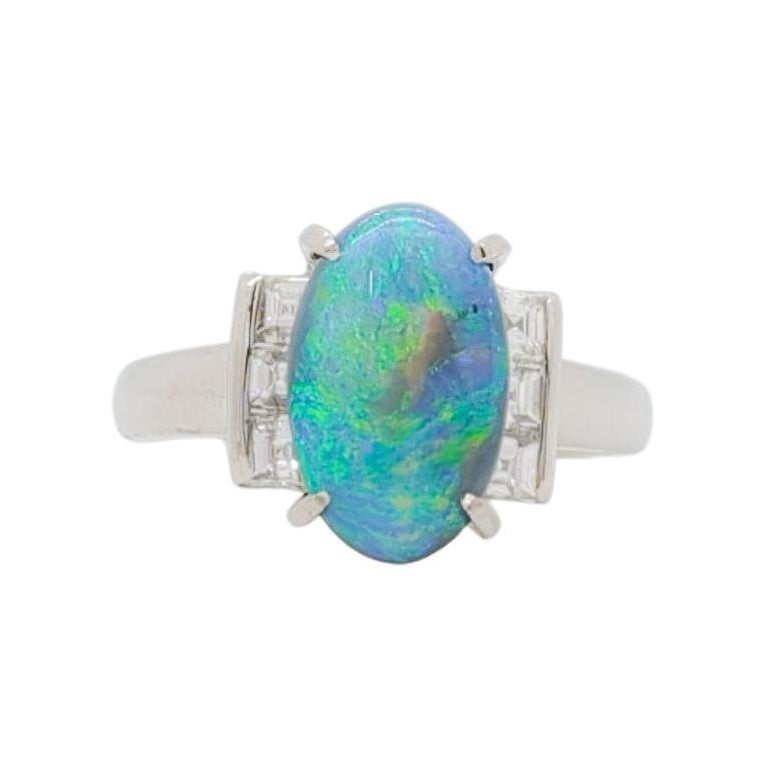 Black Opal Oval and White Diamond Cocktail Ring in Platinum For Sale