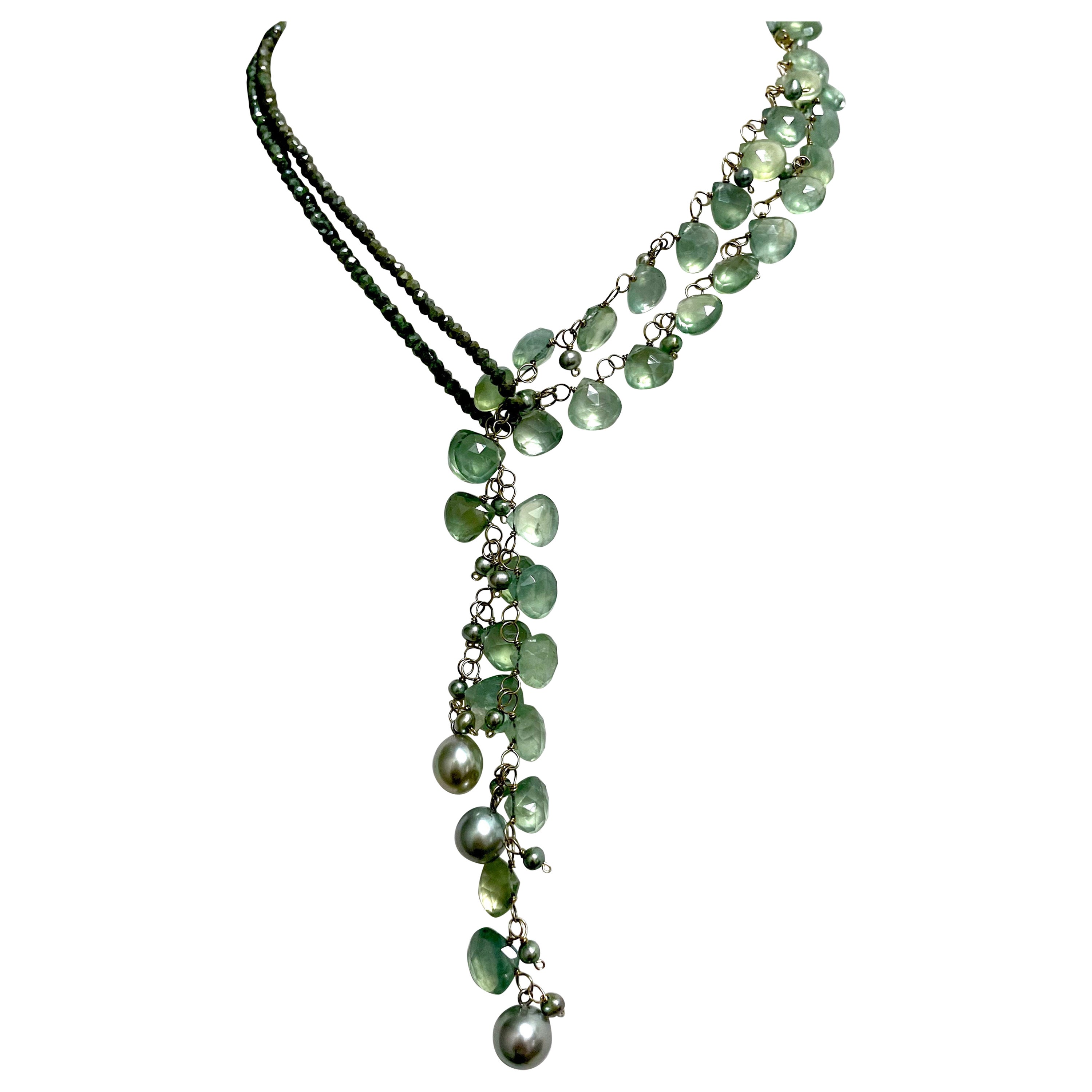 Green Prehnite with Silverite and Tahitian Pearls Paradizia Lariat Necklace For Sale