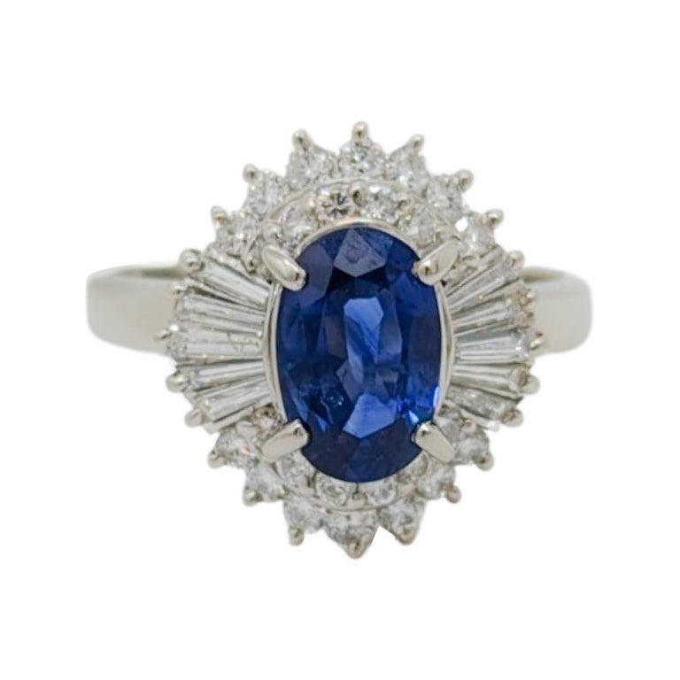 Blue Sapphire Oval and White Diamond Cocktail Ring in Platinum For Sale