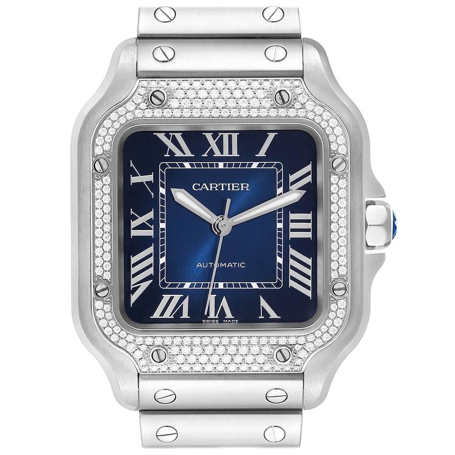 Cartier Santos Stainless Steel Diamond Blue Dial Mens Watch W4SA0006 Box Card For Sale