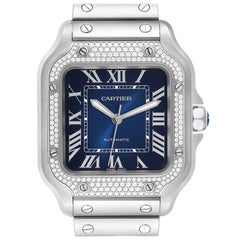 Cartier Santos Stainless Steel Diamond Blue Dial Mens Watch W4SA0006 Box Card