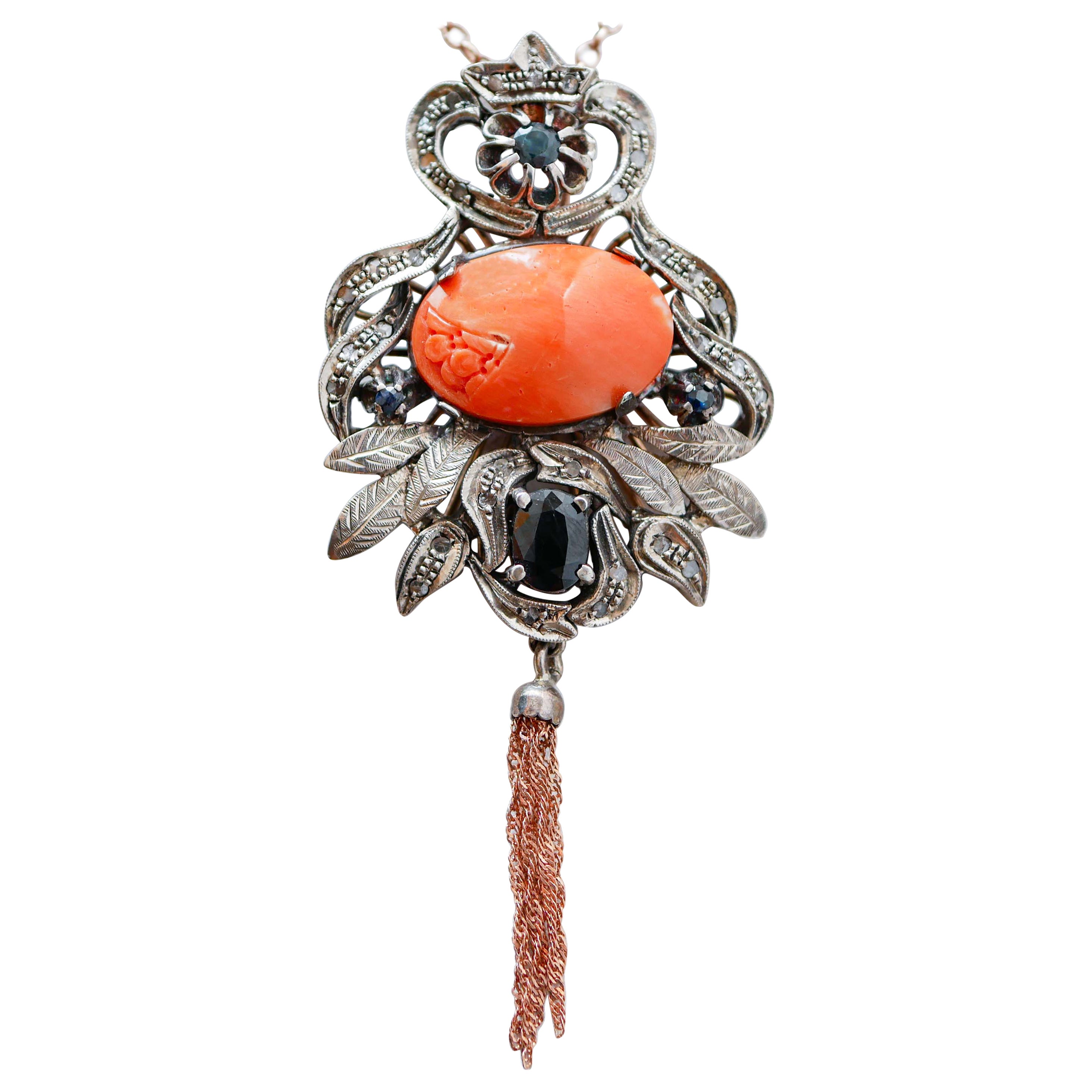 Coral, Sapphires, Diamonds, Rose Gold and Silver Pendant.