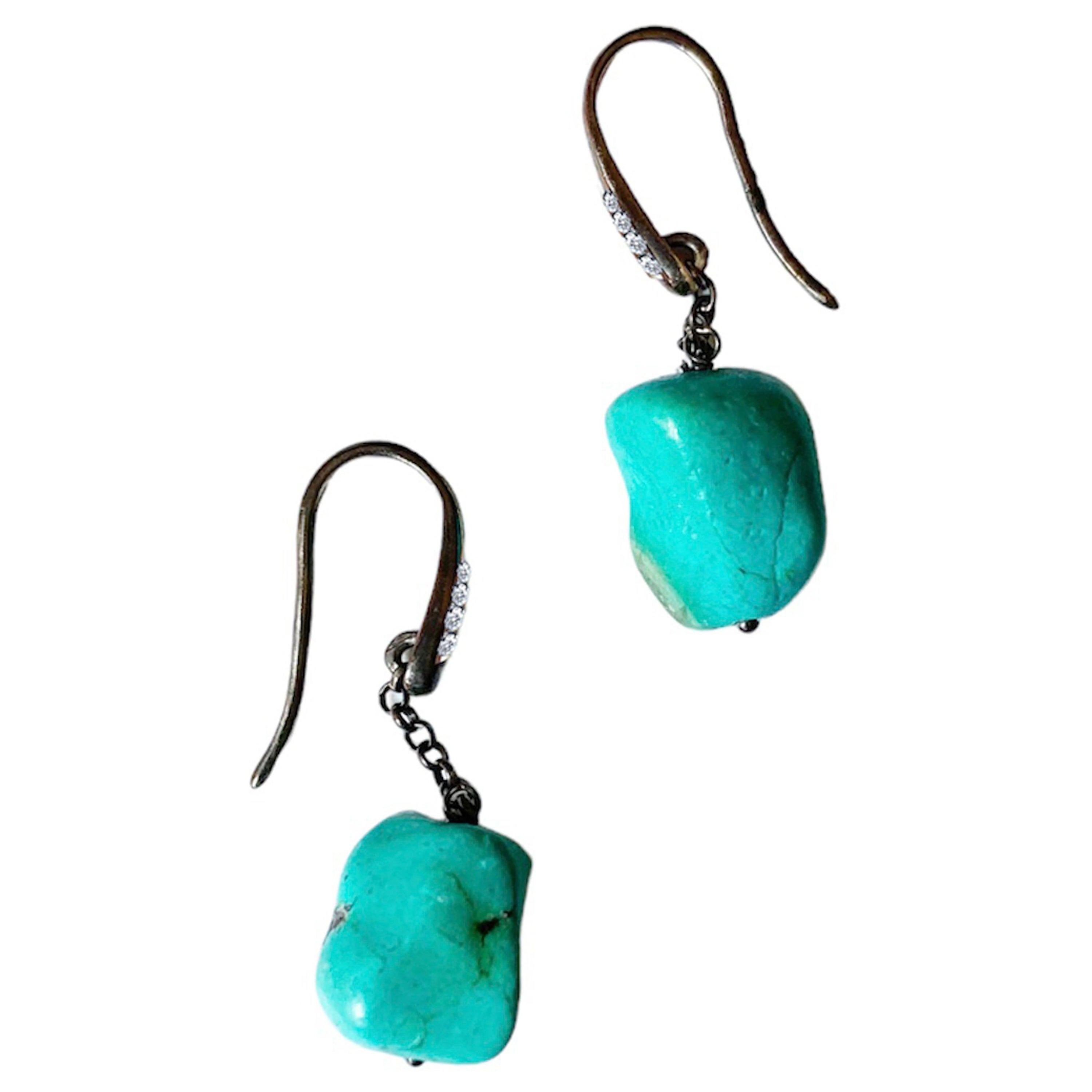 Bohemian Charm Handcrafted Turquoise and Gray Diamond Earrings For Sale