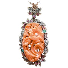 Retro Coral, Emeralds, Rubies, Diamonds, Rose Gold and Silver Pendant/Brooch.