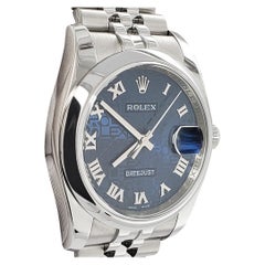 Used Rolex Datejust 36mm Blue Jubilee Roman Dial Steel Watch 116200 Box Papers