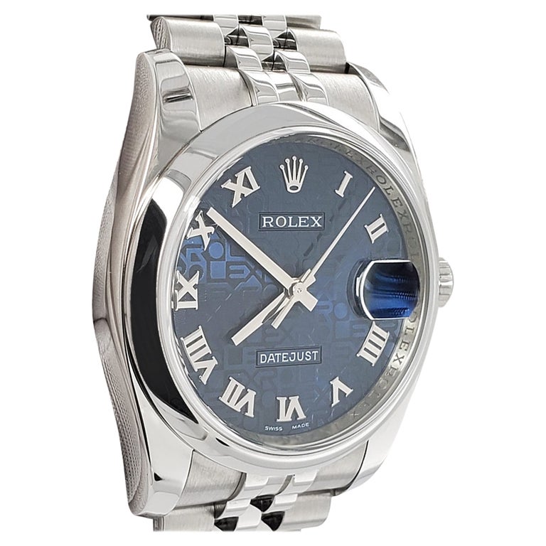 Rolex Datejust 36mm Blue Jubilee Roman Dial Steel Watch 116200 Box Papers  For Sale at 1stDibs
