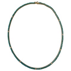 Natural Fine Turquoise Diamond and Yellow Gold Tennis Necklace 