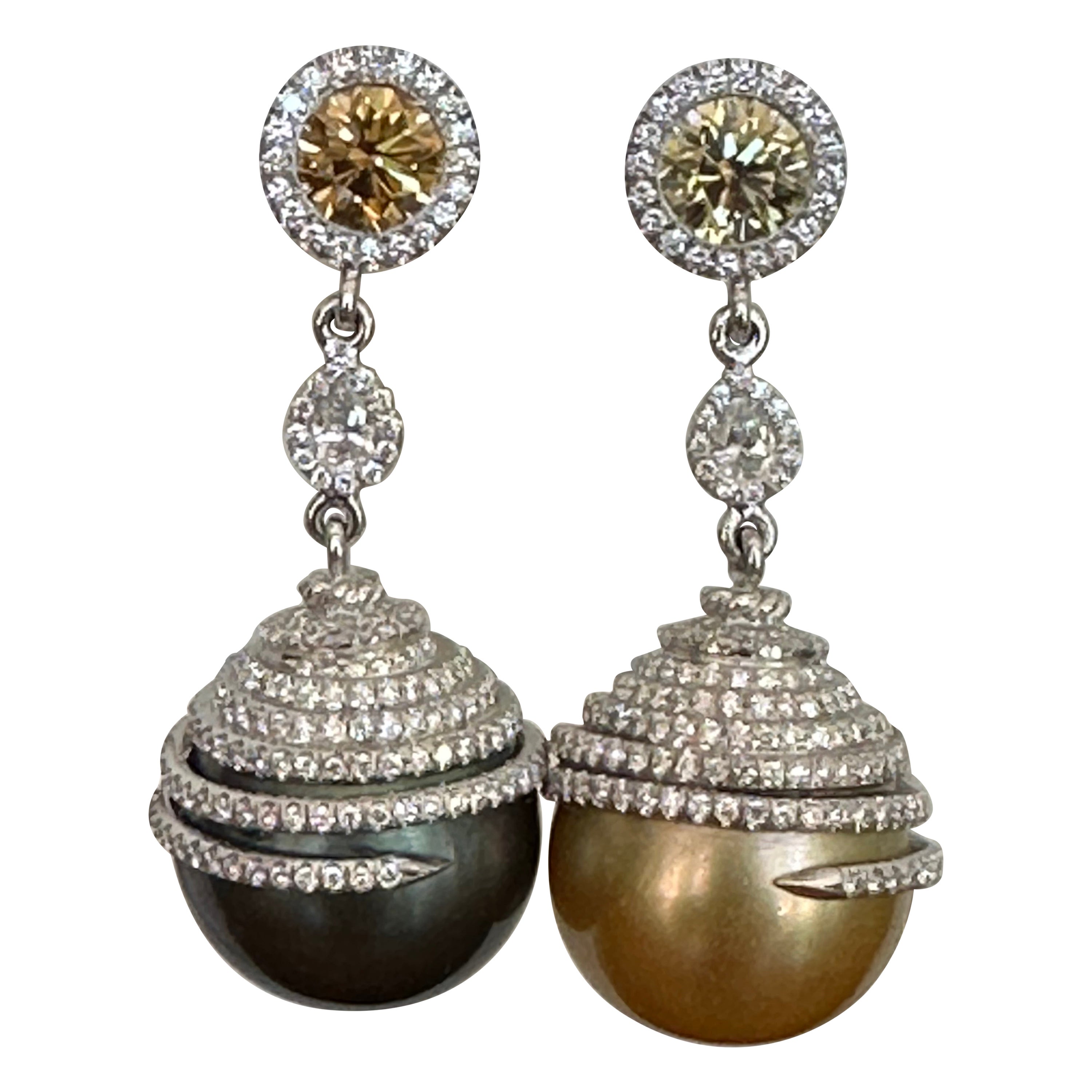 GIA Certified Natural Saltwater Pearl and Fancy Colored Diamond Earrings  For Sale