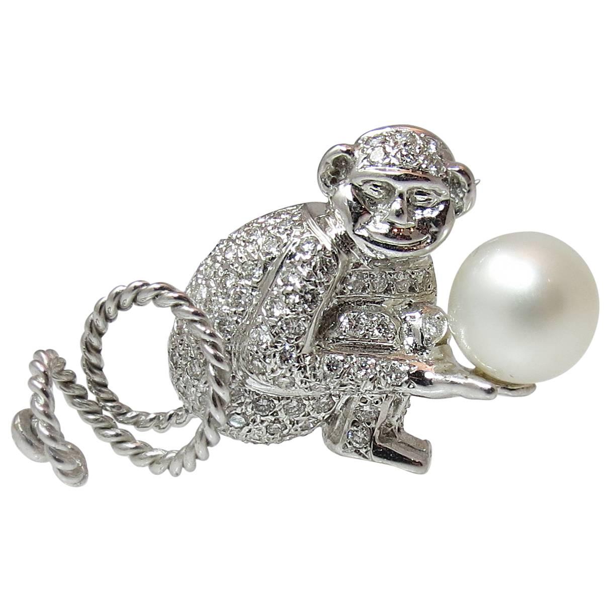 Adorable 18K White Gold Diamond and South Sea Pearl Monkey Pin For Sale