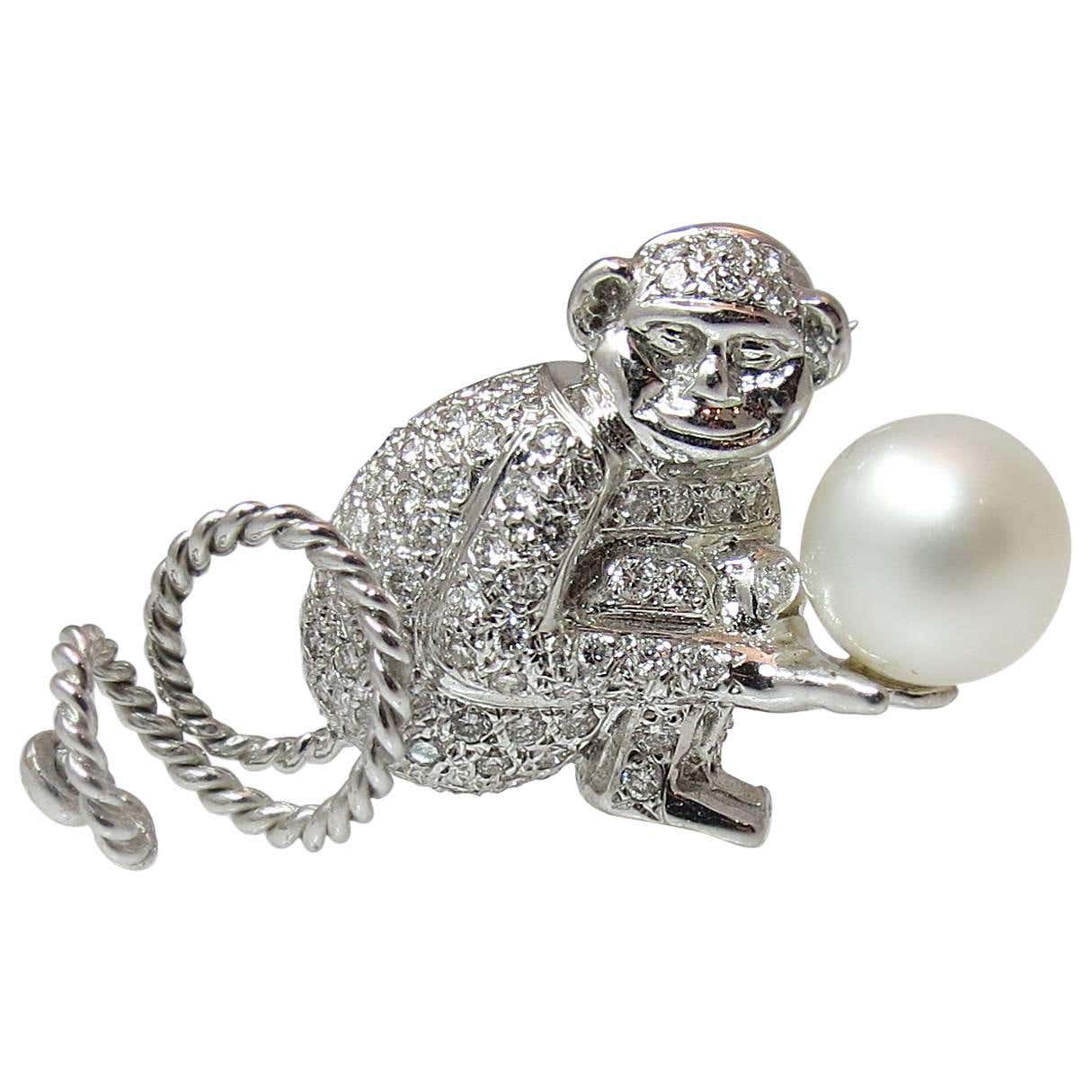 Adorable 18K White Gold Diamond and South Sea Pearl Monkey Pin For Sale ...