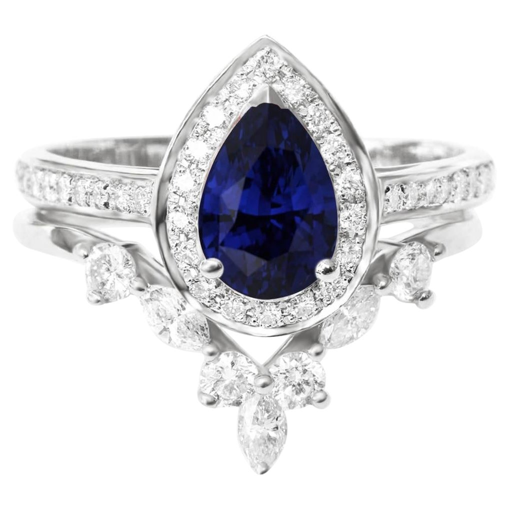 Blue Sapphire Pear Shape & Diamonds Wedding Rings Set - "NIA" For Sale