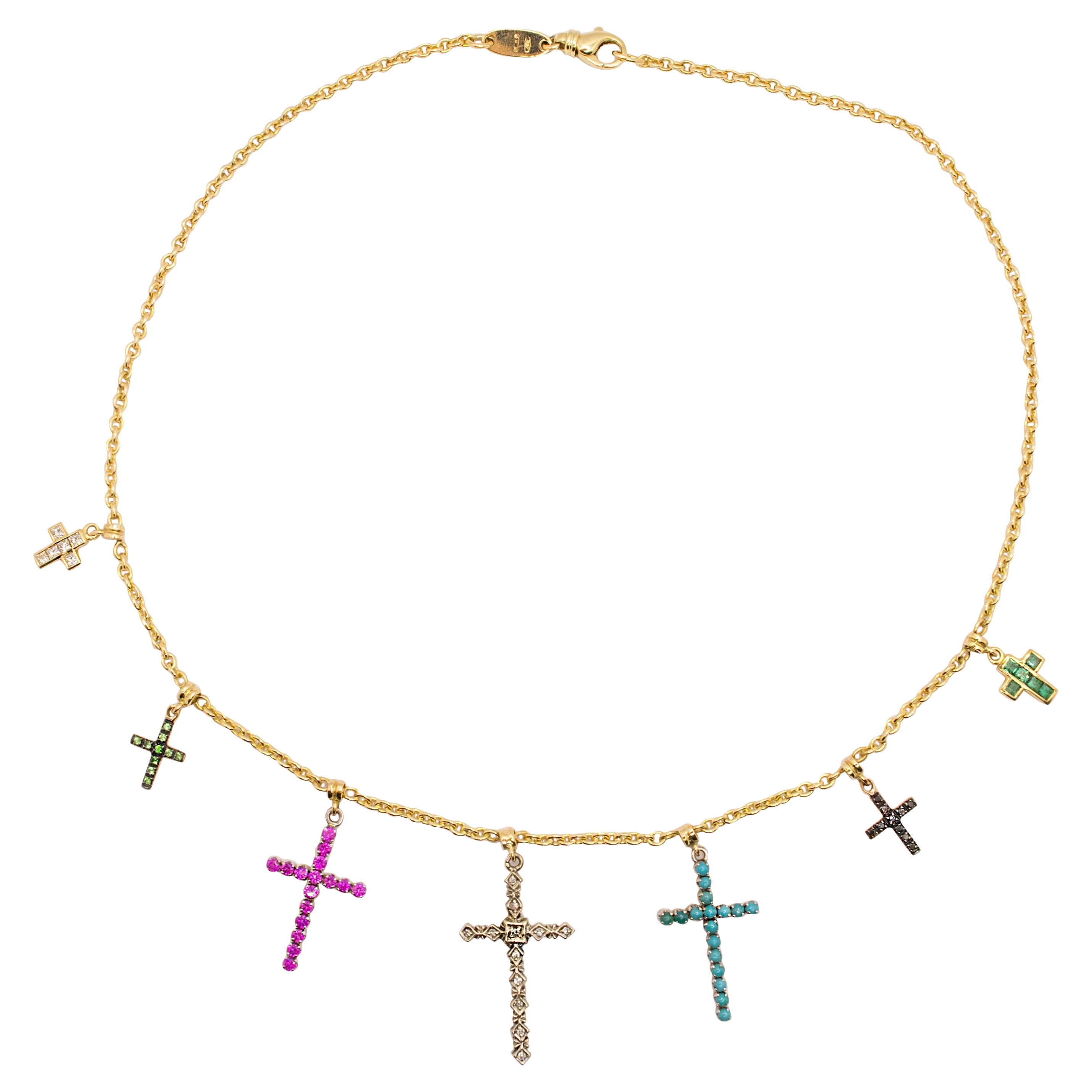 18KT Gold Necklace with 7 Multicolored Vintage Crosses For Sale