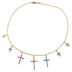 18KT Gold Necklace with 7 Multicolored Vintage Crosses