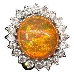 6 Carat Mexican Fire Opal Diamond Halo Ring 14 Karat Gold Antique Cocktail Ring