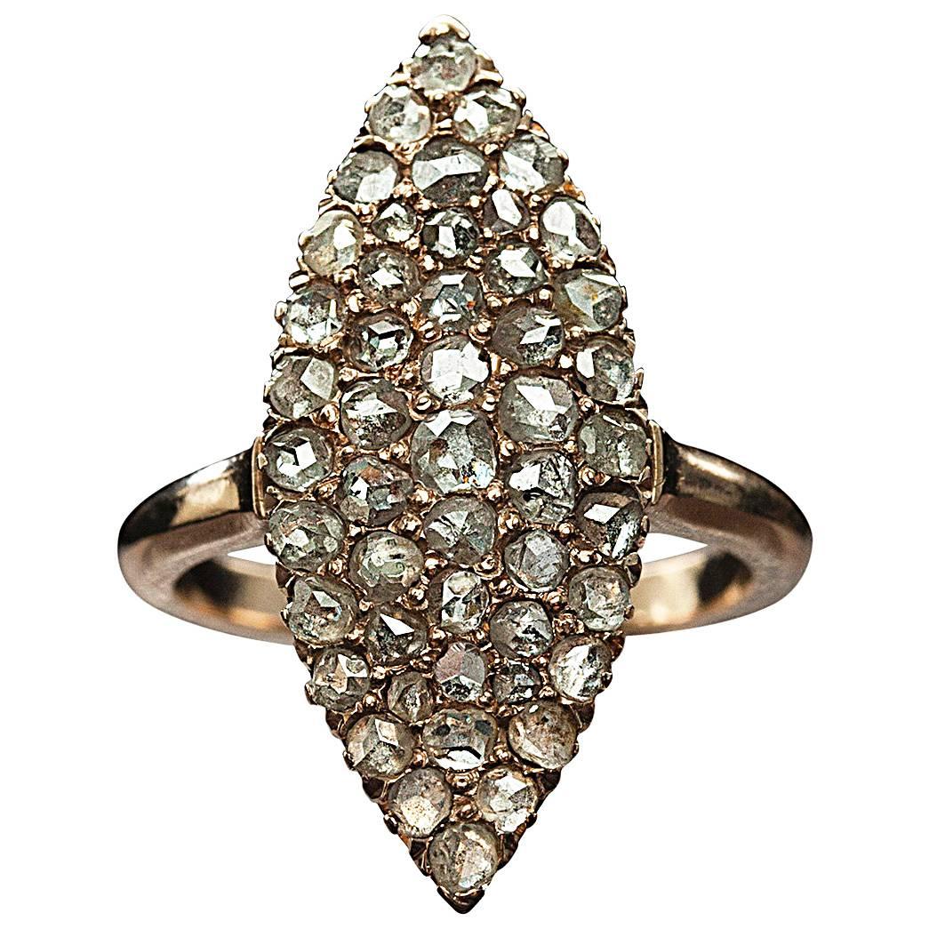Victorian Rose Cut Diamond Gold Cluster Navette Ring For Sale