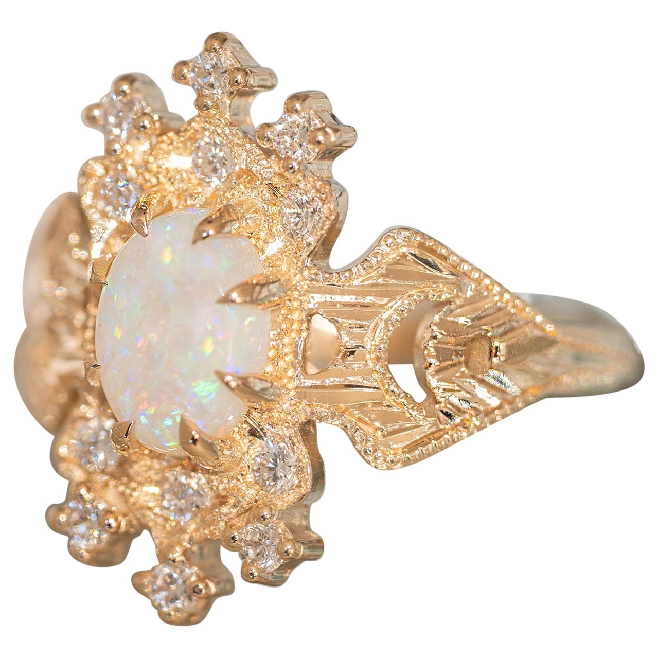 For Sale:  0.7 Carat Australian Opal Diamond Oval Cut Claw Prong Moon Crescent Lullaby Ring