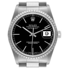 Rolex Datejust Steel Engine Turned Bezel Black Dial Mens Watch 16220 Box Papers