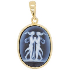 18K Gold Hand-Carved Gemini Zodiac Agate Cameo Pendant Necklace