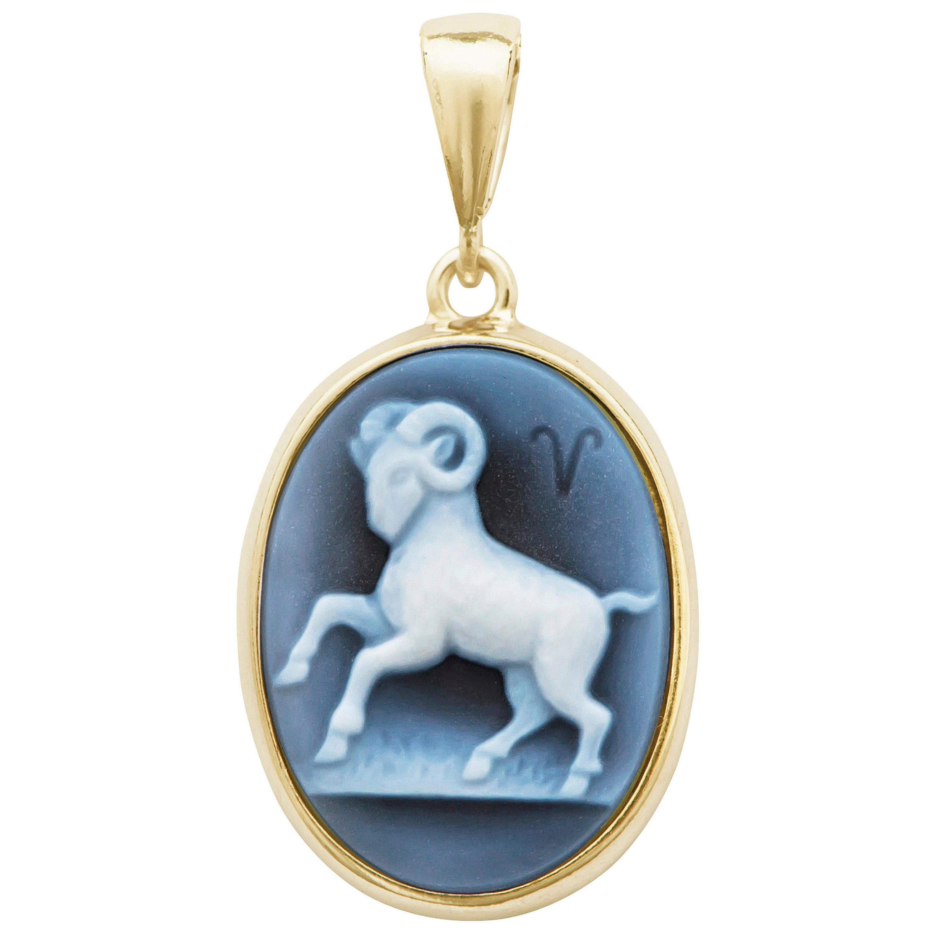 18K Gold Hand-Carved Aries Zodiac Agate Cameo Pendant Necklace For Sale