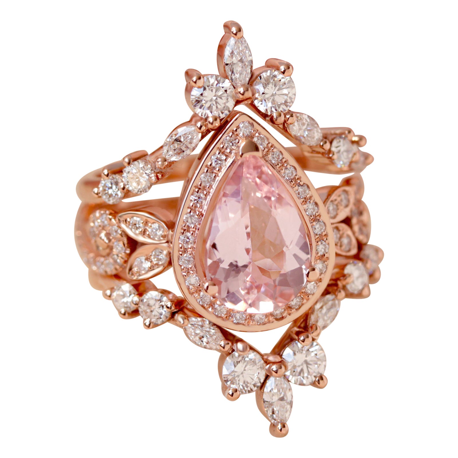 Pear-shaped morganite engagement wave band ring & diamond ring guard enhancer. 
The list is for the engagement with ring guard.
Handmade with care. 
An original design by Silly Shiny Diamonds. 

Details:
* Center stone shape: Pear shape.
* Center