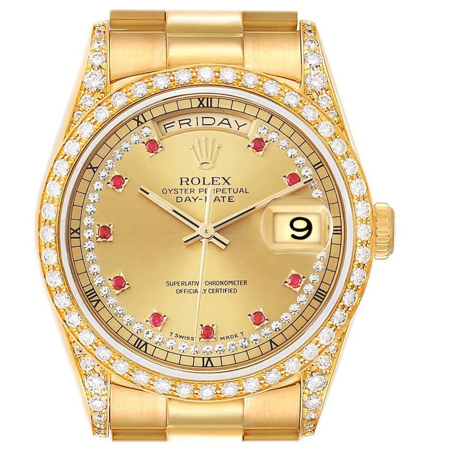 Rolex President Day-Date 36 Yellow Gold Ruby Diamond Dial Mens Watch 18388