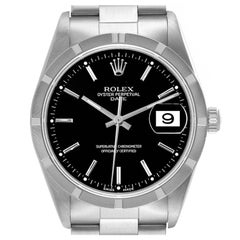 Rolex Date Black Dial Engine Turned Bezel Steel Mens Watch 15210 Box Papers