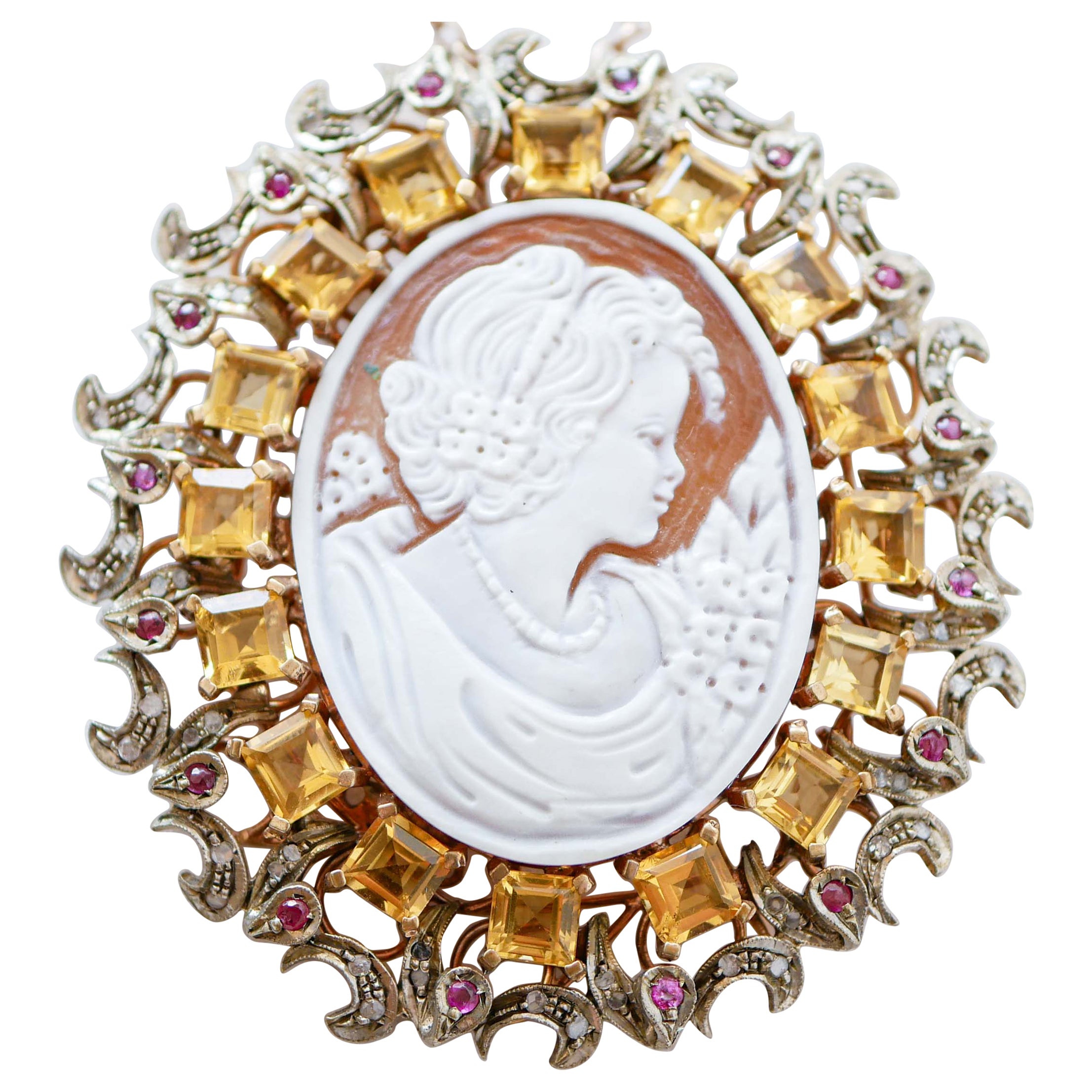 Cameo, Topazs, Rubies, Diamonds, Rose Gold and Silver Brooch/Pendant. For Sale