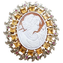 Vintage Cameo, Topazs, Rubies, Diamonds, Rose Gold and Silver Brooch/Pendant.