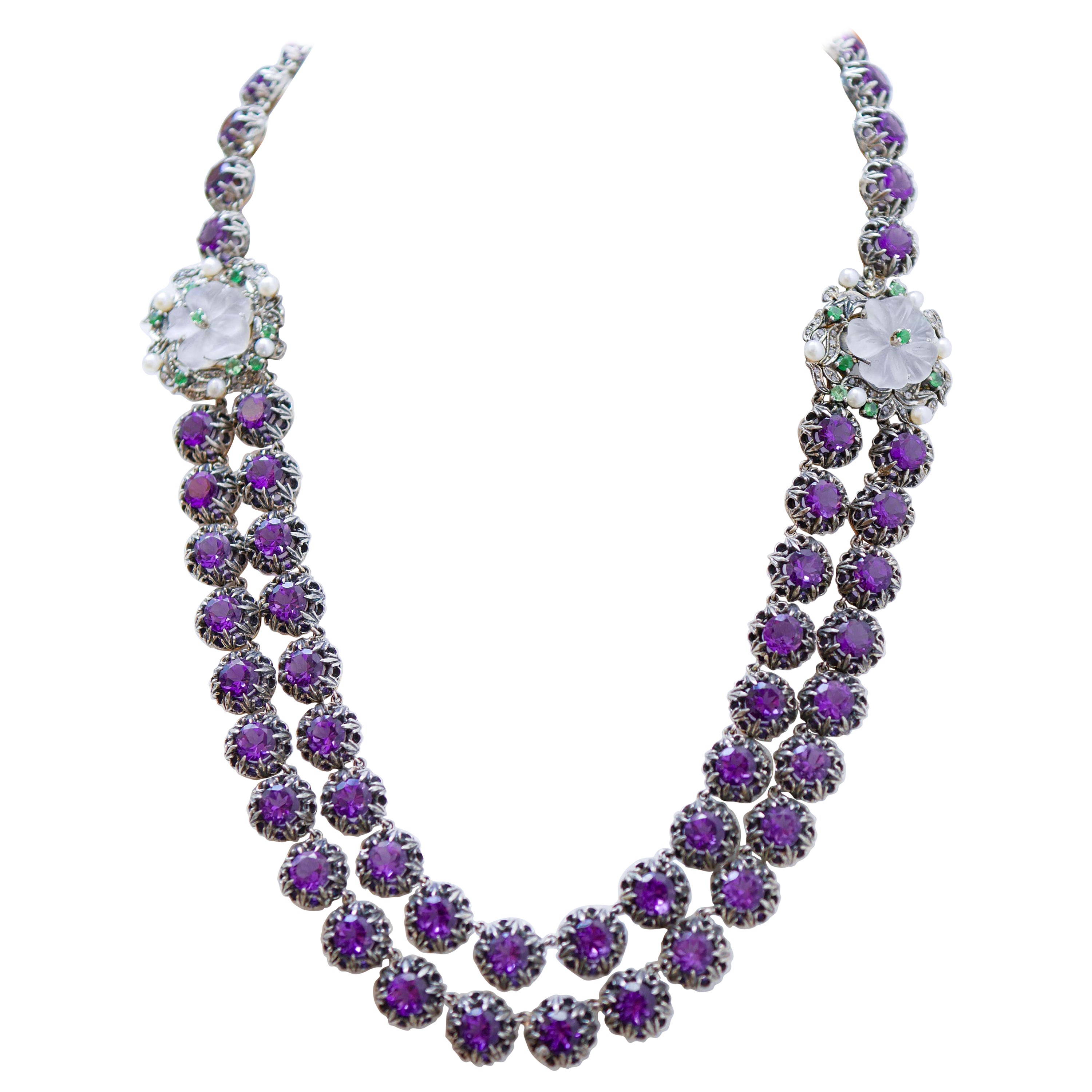 Amethysts, Tsavorite, Rock Crystal, Diamonds, Pearls, Gold and Silver Necklace. For Sale