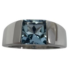 Vintage Cartier Deep Blue Aquamarine Square Cushion Cut 18k White Gold Tank Ring 55 7.5