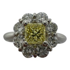 1.32ct Natural Fancy Yellow Diamond Princess Cut Platinum Cluster Flower Ring
