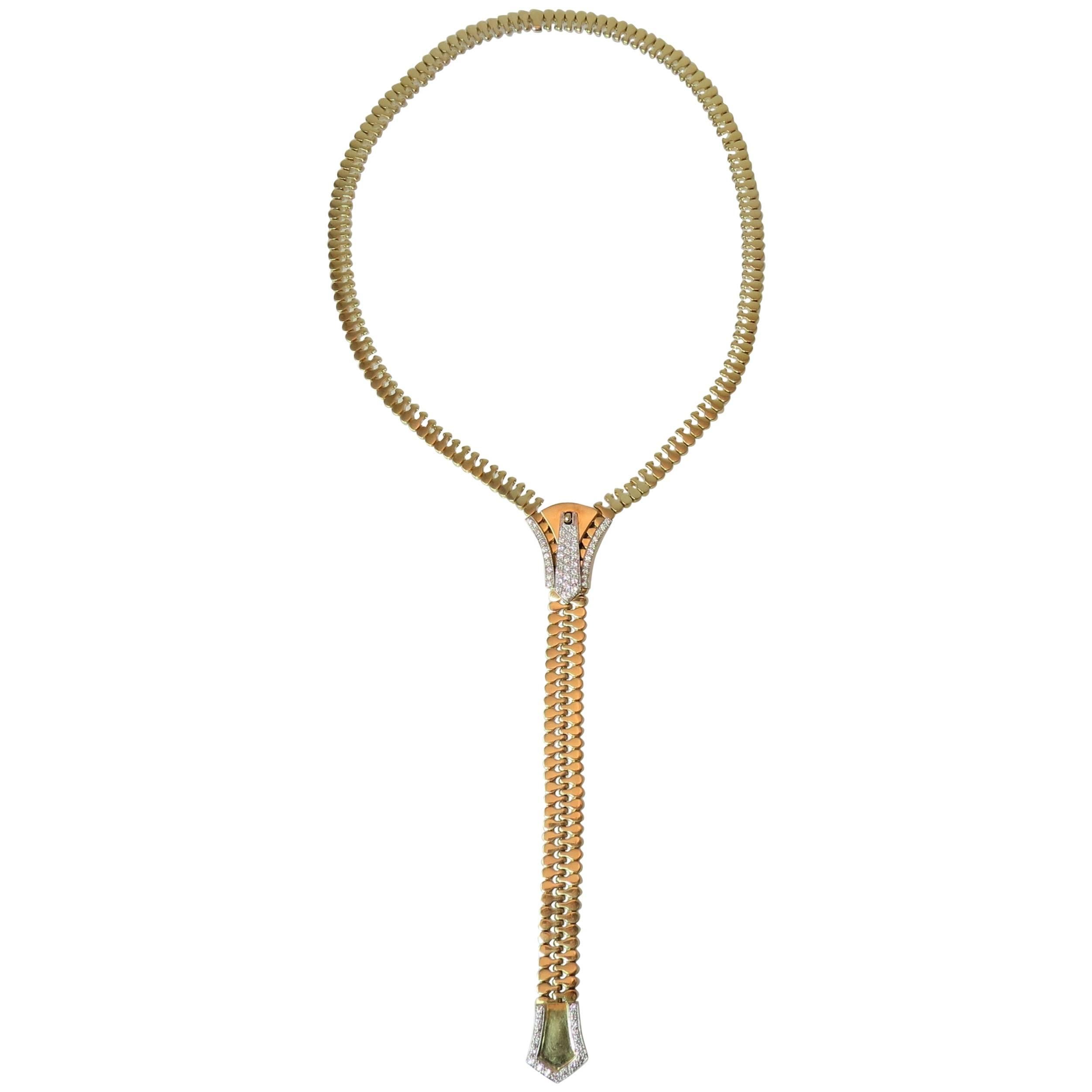Spectacular Adjustable and Functional Diamond Gold Zipper Necklace