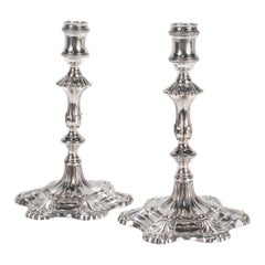 Pair of Antique George II Sterling Silver Taper Candlesticks by Ebenezer Coker