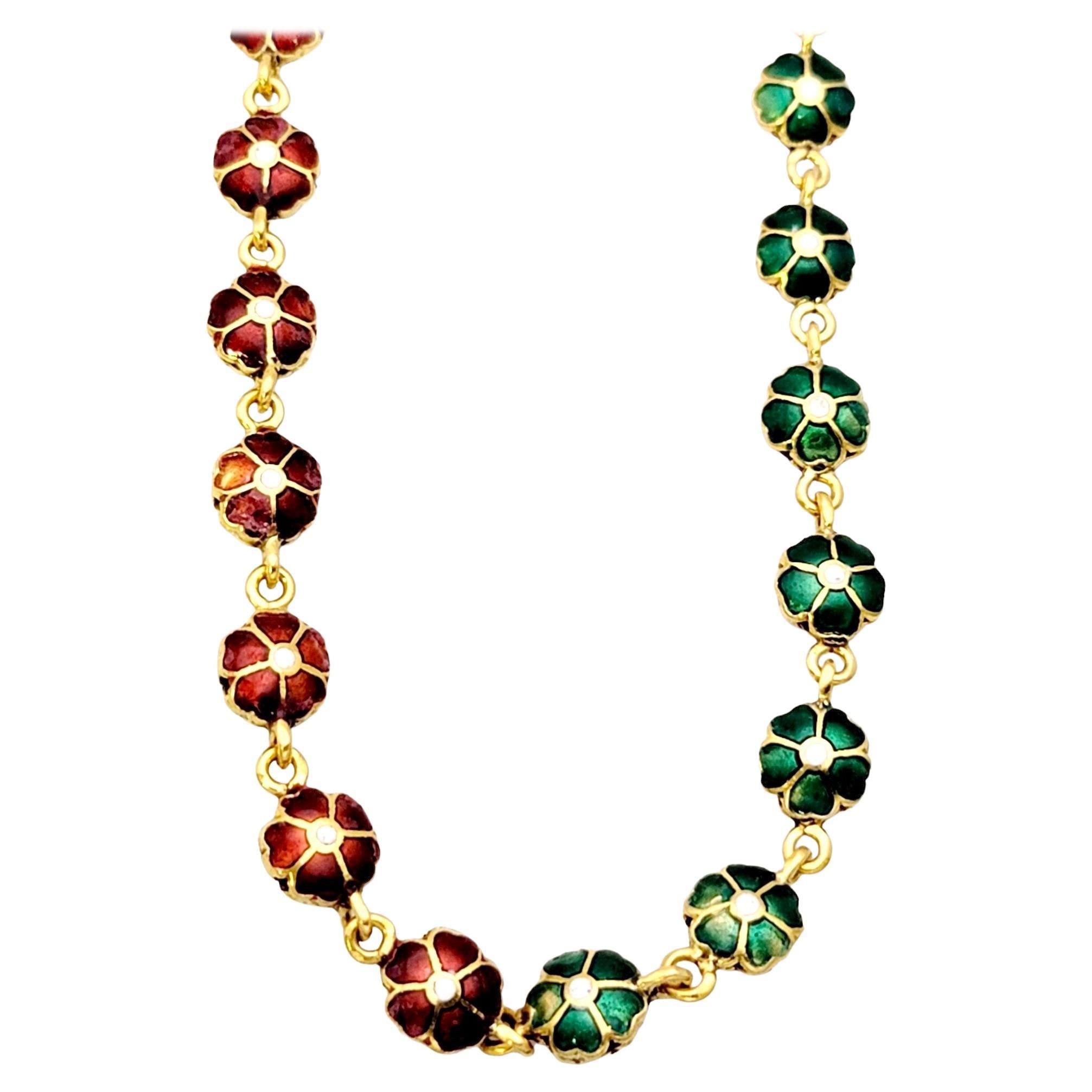 Reversible Green and Red Enamel Flower Link Single Strand Yellow Gold Necklace For Sale