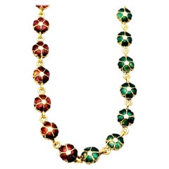 Reversible Green and Red Enamel Flower Link Single Strand Yellow Gold Necklace