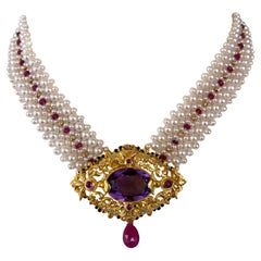 Marina J. Woven Pearl, Ruby & Gold Necklace with Vintage Gold & Amethyst Brooch