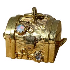 Vintage 18K Yellow Gold Treasure Chest Italian Charm with Pearls & Opals