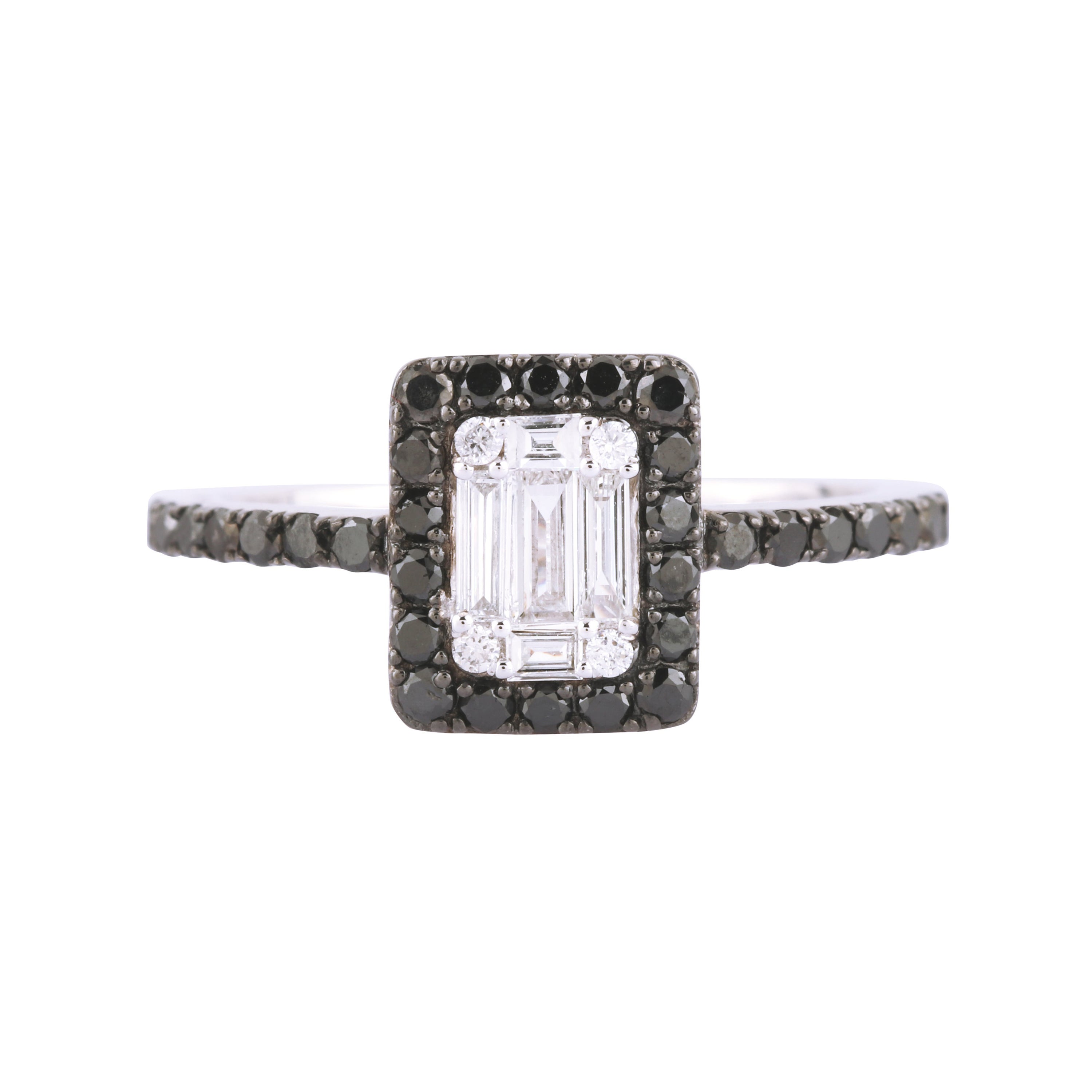 18 Karat White Gold 0.80 Carat White and Black Diamond Ring For Sale