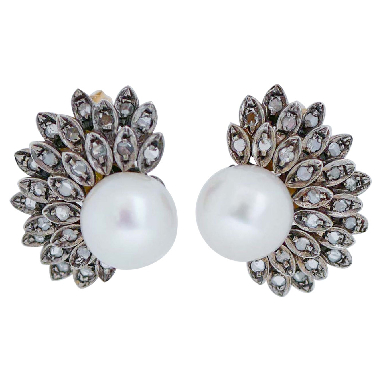 Pearls, Diamonds, 18  Karat Rose Gold and Silver Earrings.