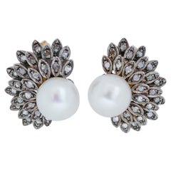 Pearls, Diamonds, 18  Karat Rose Gold and Silver Earrings.