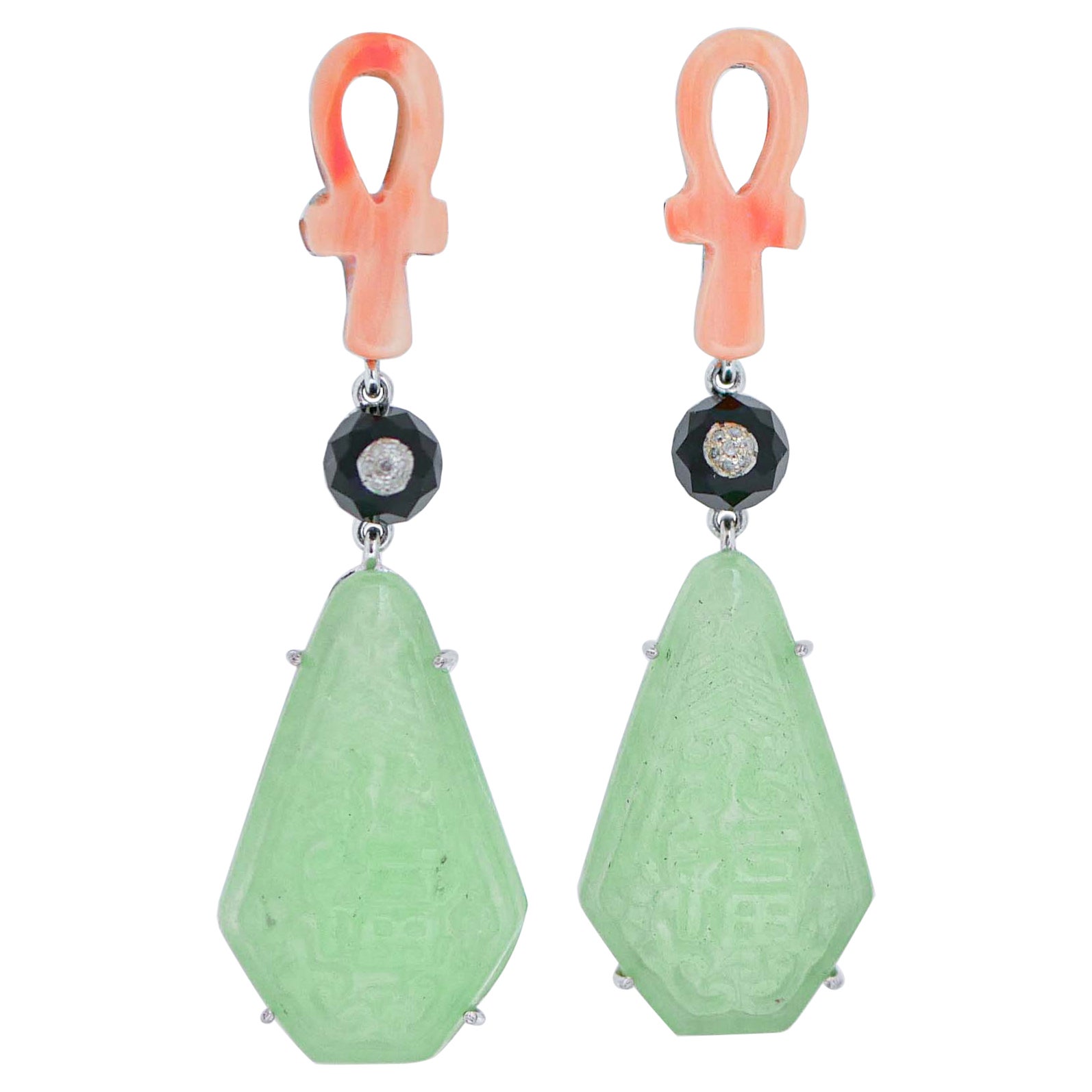 Coral, Jade, Diamonds, Onyx, Platinum Dangle Earrings.