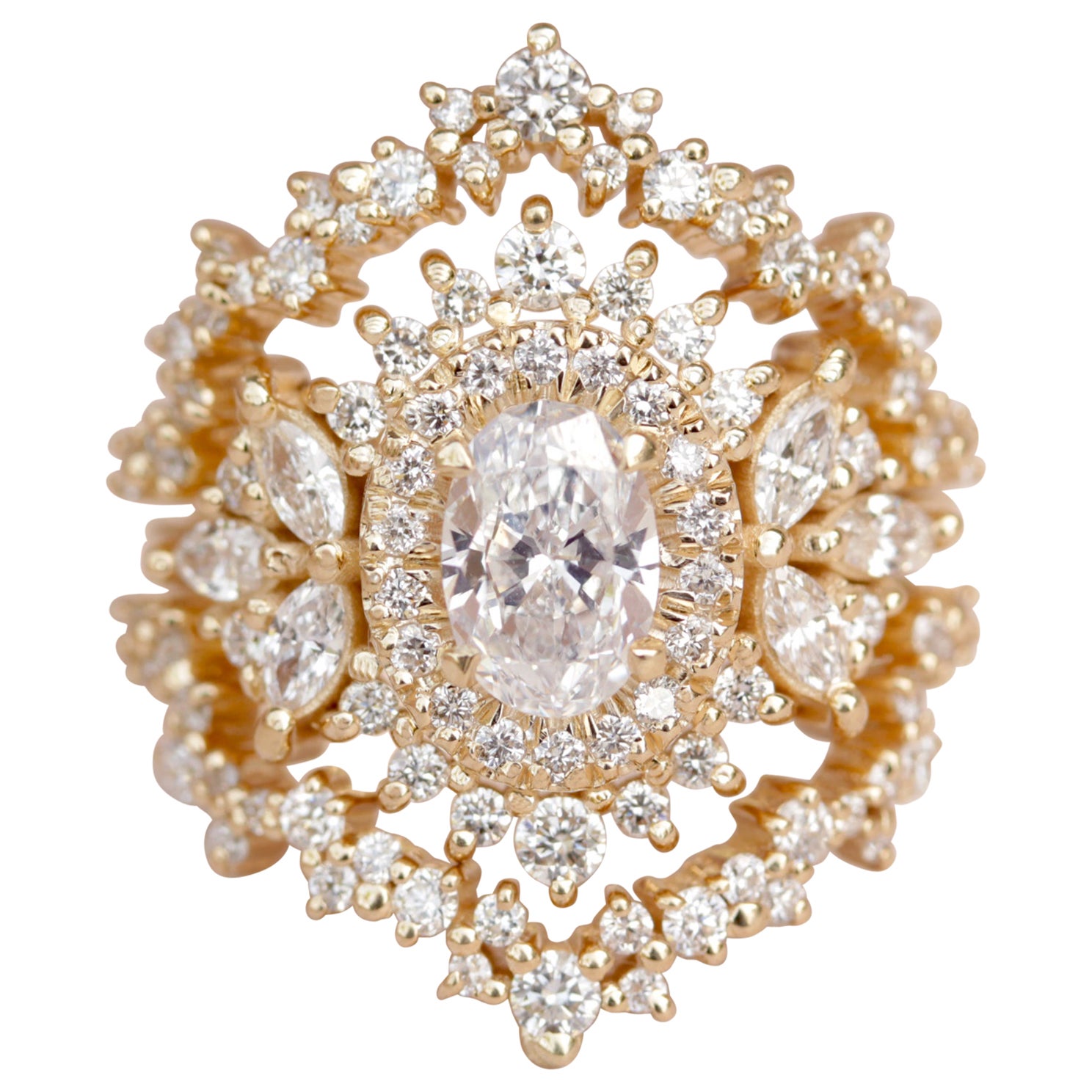 Ovaler Doppel Halo-Diamant-Verlobungsring mit Ring-Garderobenanhänger – „Monaco“ im Angebot