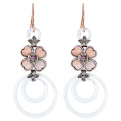 Coral, White Stones, Rubies, Diamonds, Rose Gold and Silver Earrings.