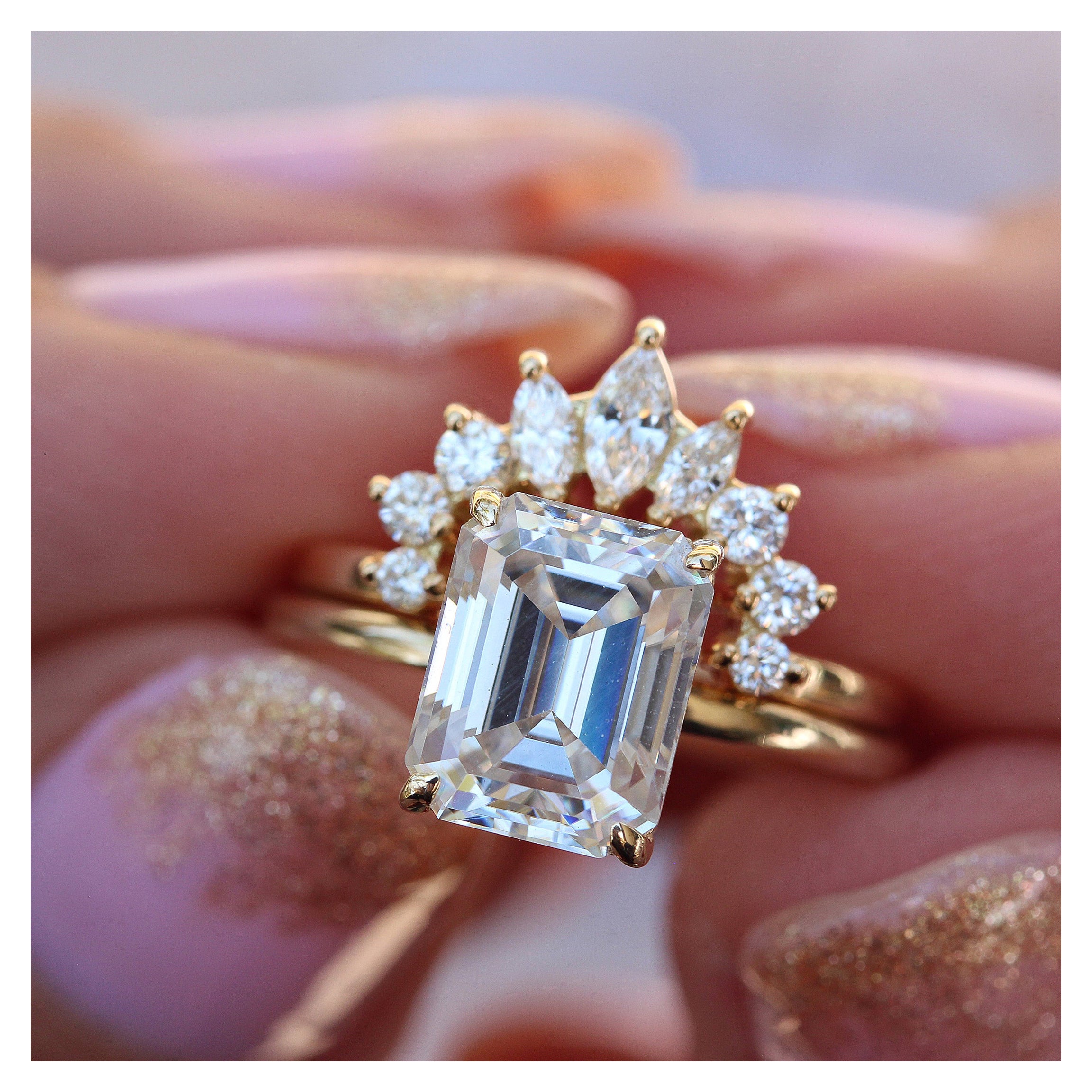 0.70 Emerald Cut Solitaire Diamond Engagement Two Ring Set "Demi" & "Tessa"  For Sale