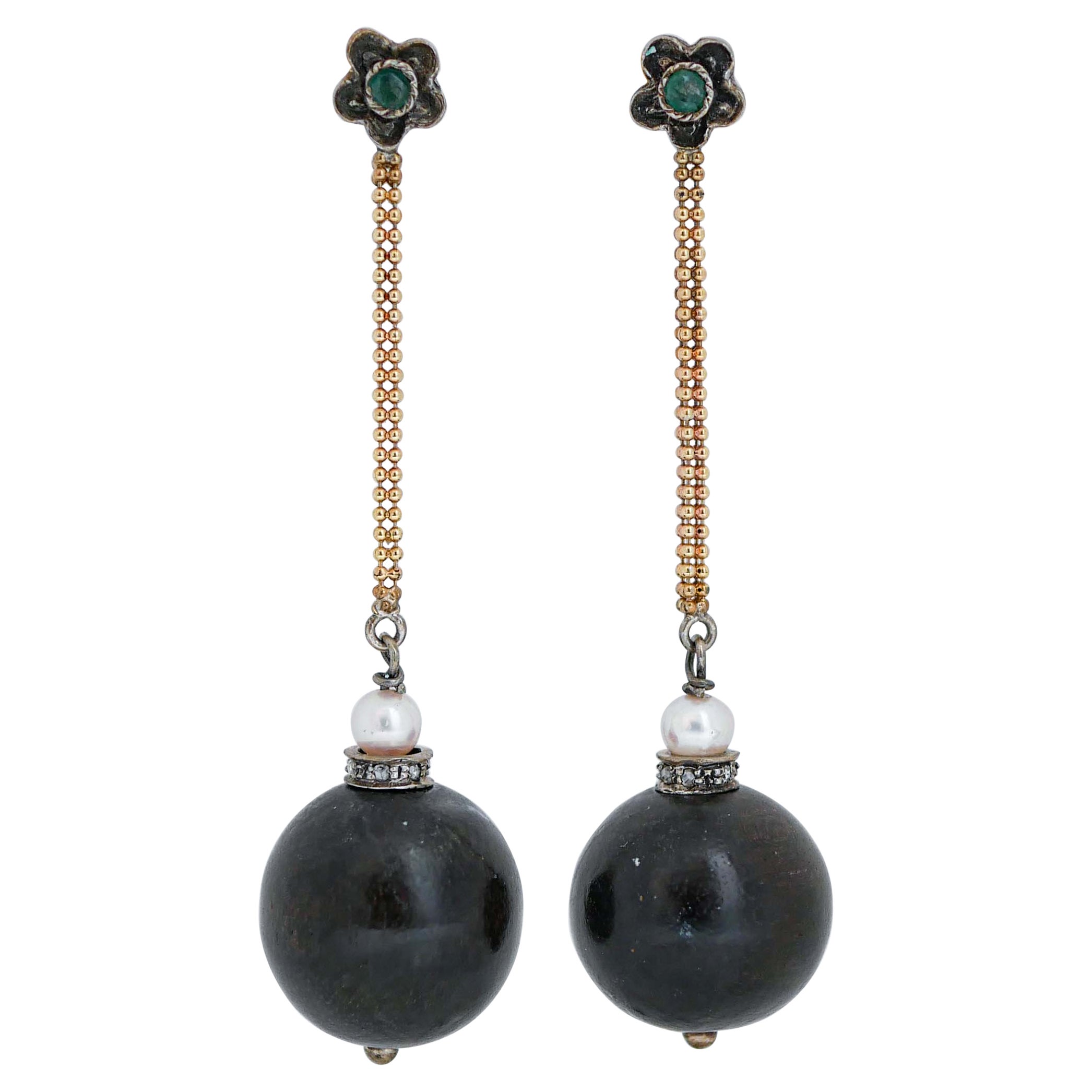 Ebony, Emeralds, Diamonds, Pearls, 14 Karat Rose Gold and Silver Earrings. For Sale