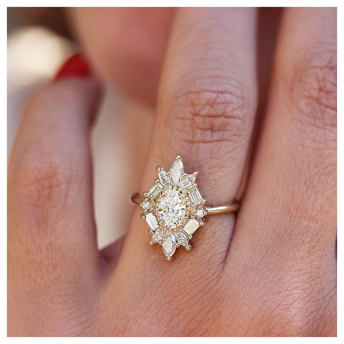 Art Deco Oval Unique Moissanite Cluster Engagement ring The Great Gatsby For Sale