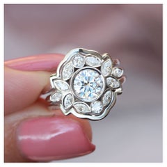 Bezel Moissanite Flower Engagement Ring Set with Gold Ring Guard "Lily Emma" 