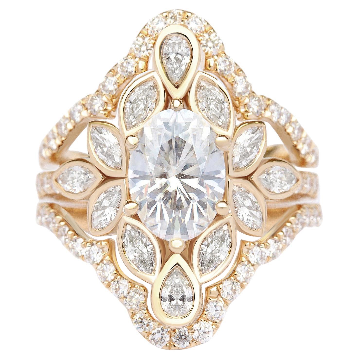 Bague de fiançailles unique à fleur ovale en moissanite avec anneau en forme de nénuphar en diamant Guard Lily n° 6