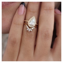 Pear Moissanite Halo Engagement Ring With Nesting Sideband - "Nia" & "Ally V"